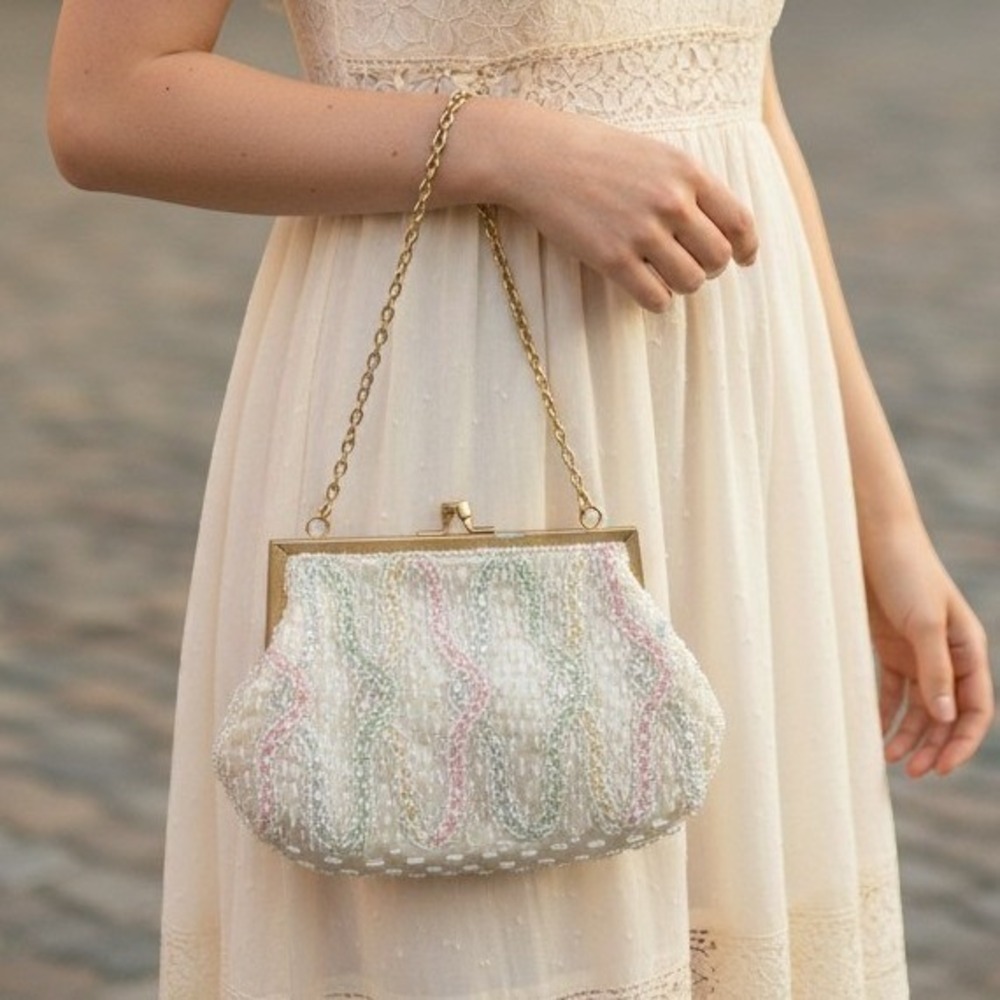 Vintage Magid Hand Beaded Pastel Wavy Satin Evening Bag Gold Chain Hong Kong